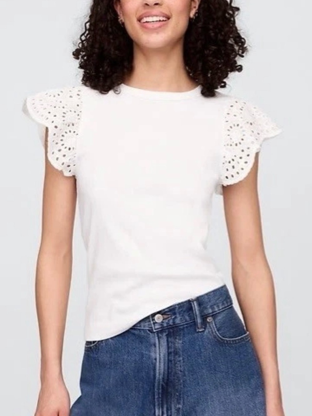 GAP White Eyelet Flutter Sleeve Ribbed Knit Summer T-Shirt Top ~Size M